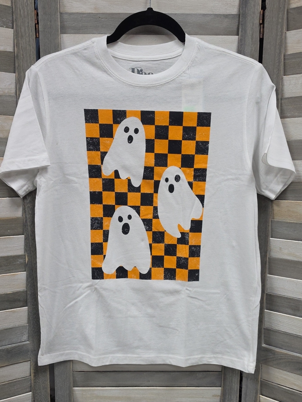 White Short Sleeve Tee with Orange and Black Checkerboard Ghosts Graphic | XS